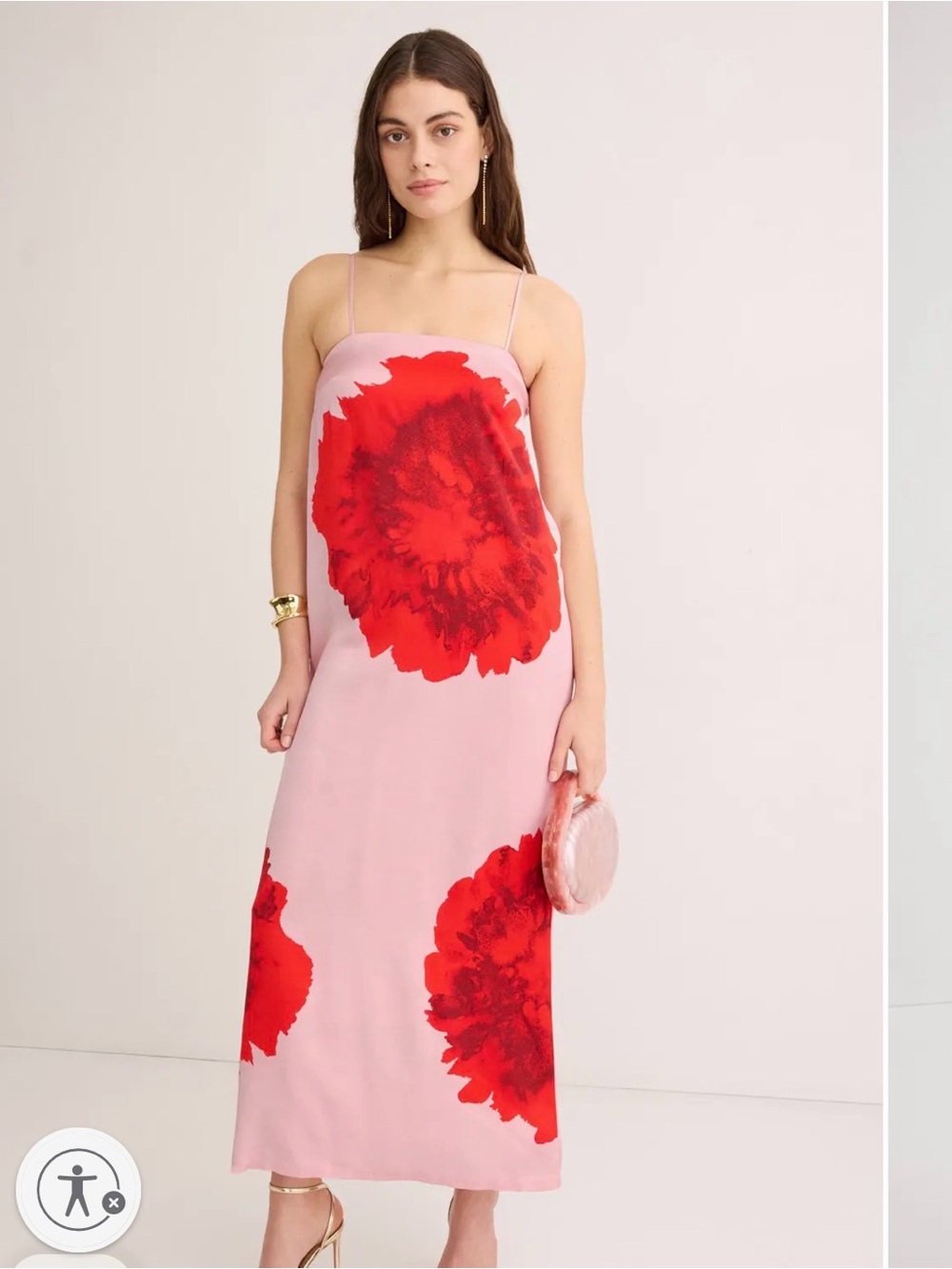 SuBoo Pink Midi Slip Dress with Bold Red Floral Accents